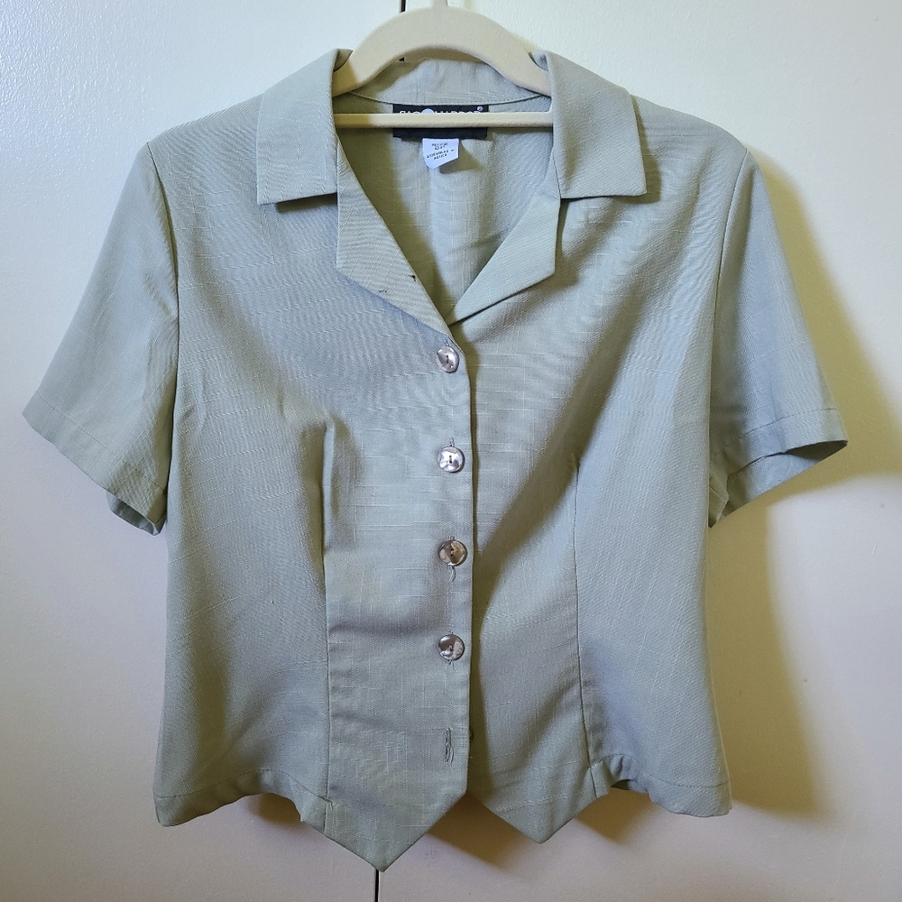SAG HARBOR PETITE Gray Green Button Blouse